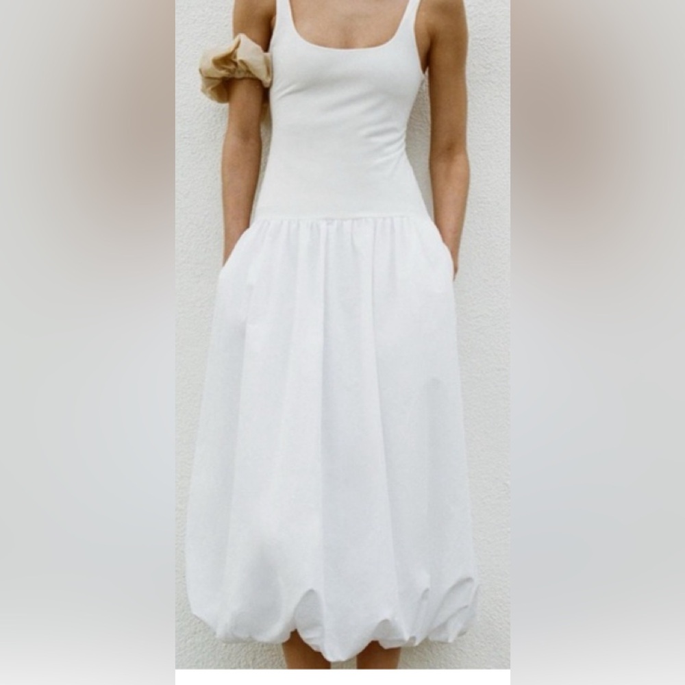 ZARA NWT WOMAN MIXED BALLOON MIDI DRESS WHITE XS - Picture 3 of 6